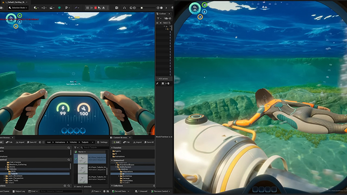 Subnautica 2 development view showing Unity editor alongside in-game footage of a vehicle and player.