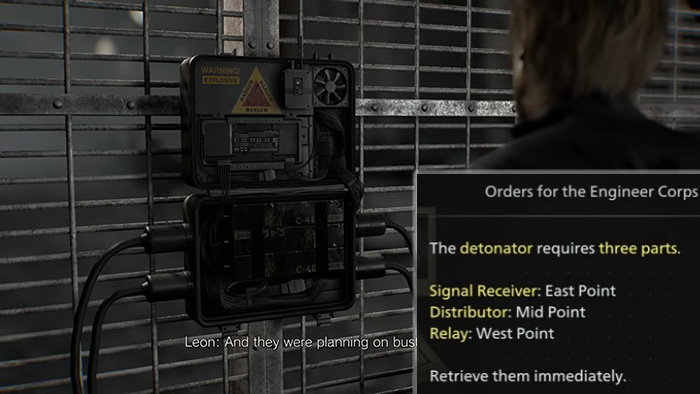 A close-up of an electrical box displaying "Orders for the Engineer Corps," listing the three required detonator parts: Signal Receiver, Distributor, and Relay.