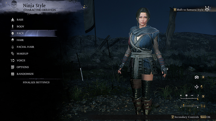 Nioh 3 character creation in Ninja Style, showcasing full outfit and armor preview with combat-ready appearance.