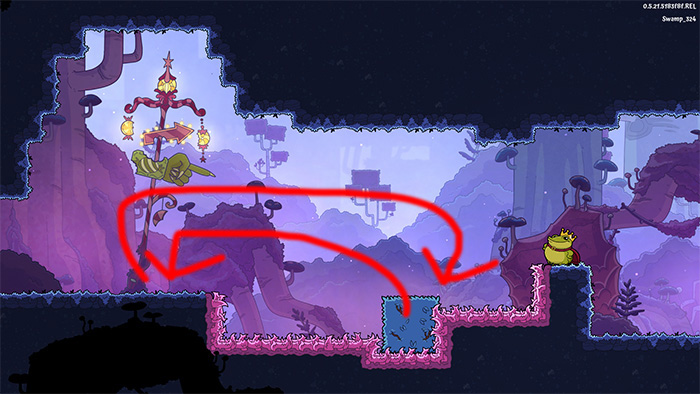 Gameplay diagram in Croak illustrating the tongue-grappling mechanic. Red arrows show the trajectory of the Frog Prince swinging from a hanging lantern to bounce off a blue block and reach a higher platform, avoiding spikes below.