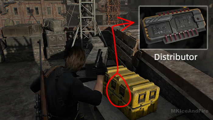 The player character finds the Distributor component inside a yellow crate on an outdoor rooftop platform.
