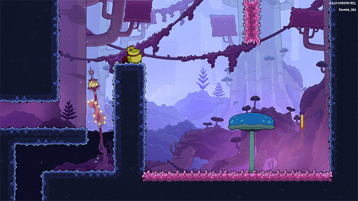 Screenshot of a complex platforming section in Croak. The Frog Prince stands on a high ledge overlooking a hazardous area with pink spikes, swinging vines, and a large mushroom platform, showcasing the game's vertical level design.