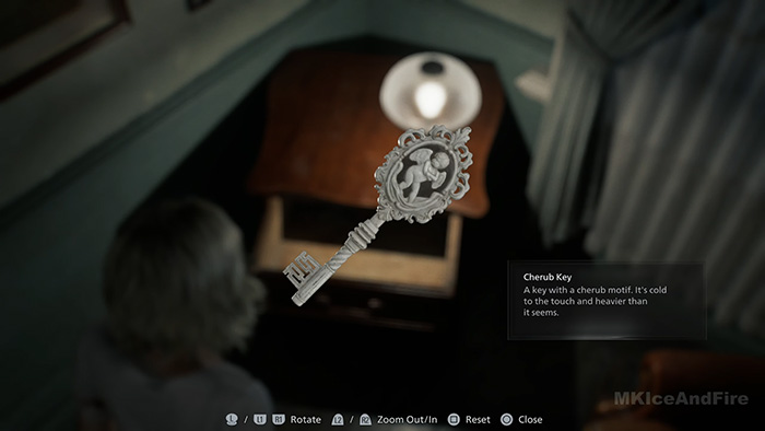 Cherub Key ornate silver key item showcase in Resident Evil Requiem