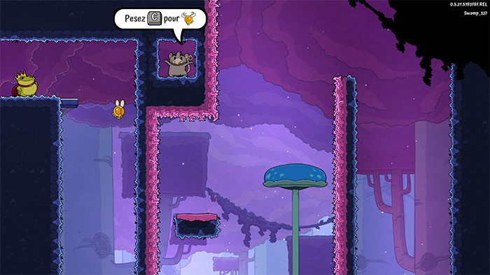 Tutorial scene in Croak where a mouse character instructs the player to press the 'C' key to summon a companion, demonstrating the mechanic used to scout the map and navigate hazardous areas.