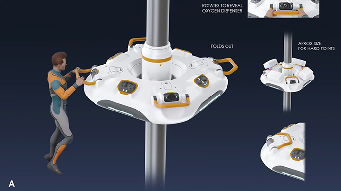 Concept art of the Subnautica 2 Dive Elevator, showing its foldable design and oxygen dispenser.