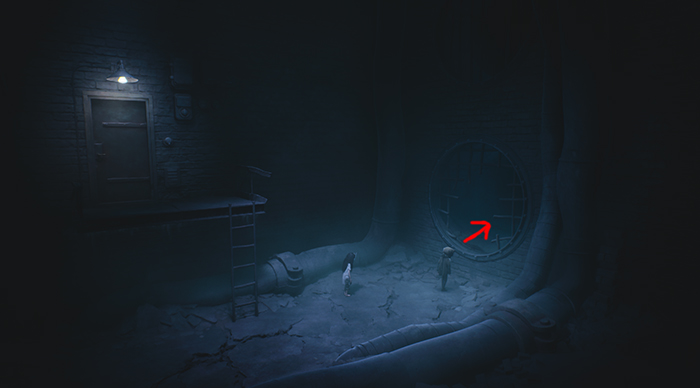 They stand before a large circular hatch in a sewer tunnel arrow points to it.