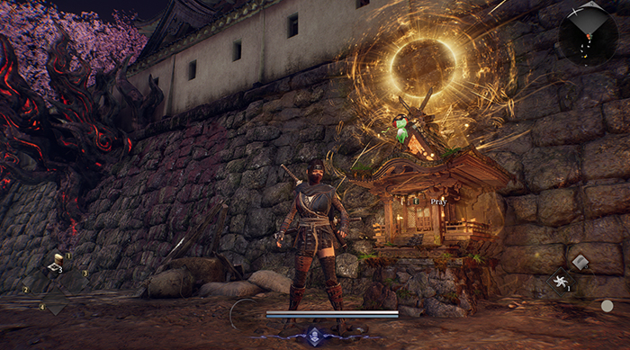 Nioh 3 Guardian Shrine exterior with glowing halo and "Pray" prompt, showing the main character approaching for rest and preparation.
