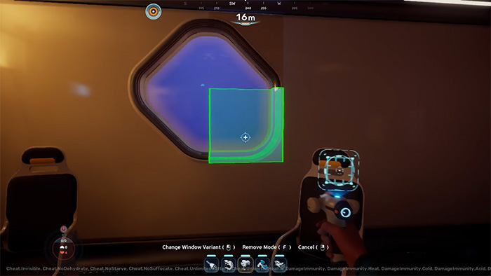 A player is using a handheld tool to draw and customize a curved window on the side of a base module. A green outline shows the selected shape, with an interface overlay offering options like “Change Window Variant” and “Remove Mode.” The view outside the window reveals deep blue ocean water.