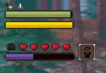 Player status HUD showing health (green bar), stamina (yellow bar), five red hearts for character health, a purple pet health bar, and a small pet icon in the bottom-right corner.