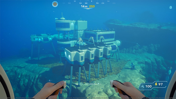 An underwater base constructed from multiple connected modules supported by stilts, floating above a rocky seabed. The structure includes solar panels, antennas, and various equipment pods. The player’s hands are visible in the foreground, holding tools, with depth and oxygen indicators displayed on-screen.