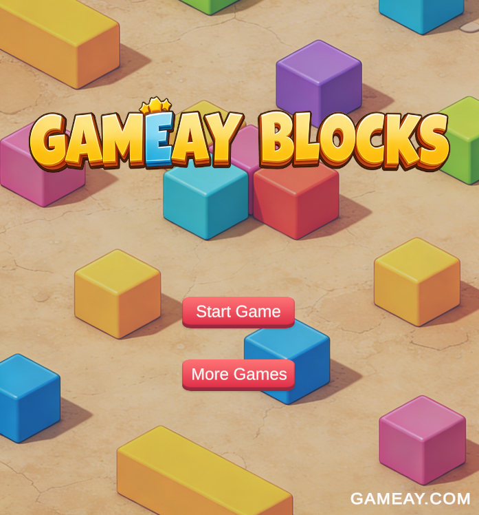 Gameay Blocks title screen with colorful 3D blocks scattered on a sandy background. Features 'Start Game' and 'More Games' buttons, with the game title in bold golden letters.
