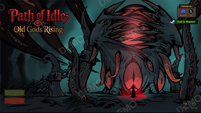 Main menu screen of the game Path of Idle: Old Gods Rising. The background features a massive demonic creature with a glowing red eye, and a silhouetted figure stands before it in the foreground. Bottom-left buttons read 'Start Game' and 'Exit'; top-right options include 'Follow us' and 'Add to Wishlist'. The overall aesthetic is dark, mysterious, and fantasy-themed.