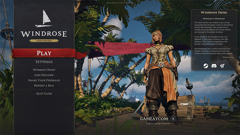 Main menu of Windrose, showing options like "PLAY" and "SETTINGS" on the left, with a pirate-themed character standing on a wooden platform in a tropical island setting. The background features palm trees and a ship at sea. A pop-up in the top-right corner welcomes players to the demo version.