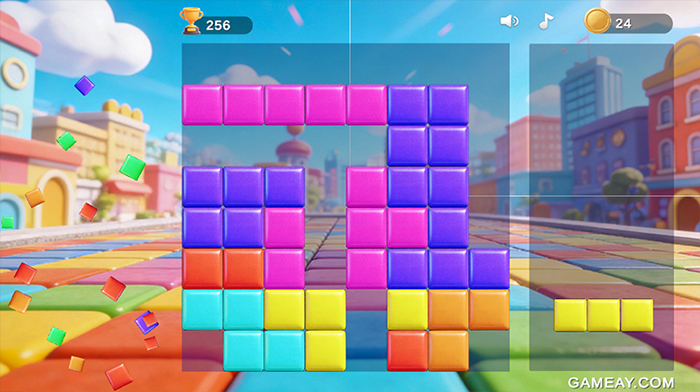 Block Puzzle game in progress showing colorful tetromino-style blocks arranged on a grid, with score 256 and 24 coins displayed. Background features a vibrant cartoon cityscape under a blue sky.