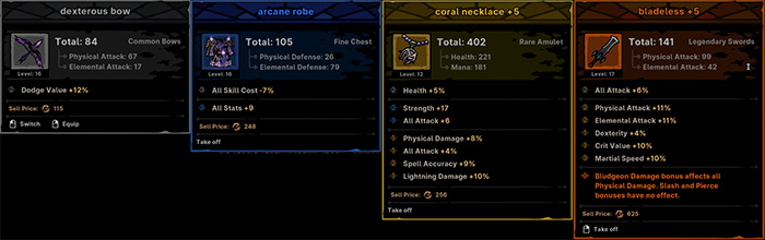 Equipment stat panels in Path of Idle, showcasing four items of varying rarities: 'Dexterous Bow' (Gray), 'Arcane Robe' (Blue), 'Coral Necklace +5' (Yellow), and 'Bladetless +5' (Orange). From left to right, total scores and stat bonuses increase progressively, including Health, Attack, Crit, and more. The orange legendary weapon on the far right features special effects such as 'Bludgeon Damage bonuses affect all Physical Damage; Slash and Pierce bonuses have no effect'.