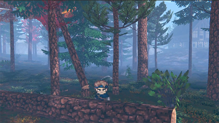 Pixel art forest environment with tall pine trees, misty atmosphere, and autumn-colored foliage. The player character is positioned behind a felled tree trunk, demonstrating the in-game logging feature. The HUD shows health, stamina, and a pet icon in the top-left corner, indicating readiness for action.