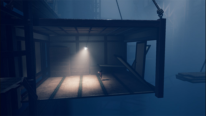 The player character stands on a suspended wooden platform floating in a vast, misty void. A single beam of light shines from above, illuminating the tatami mat floor and casting long shadows. The environment feels isolated and surreal, with no visible ground below.