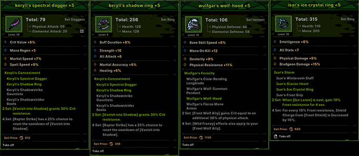 Four set equipment stat panels in Path of Idle: 'Kerylt’s Spectral Dagger +5', 'Kerylt’s Shadow Ring +5', 'Wulfgar’s Wolf-Hood +5', and 'Isar’s Ice Crystal Ring +5'. Each item displays its set name and unique affixes, with some showing set bonuses like '2 Set: Vanish into Shadow grants 30% Crit resistance' or '4 Set: Frost resistance is increased by 10%', highlighting the synergistic benefits of completing sets.