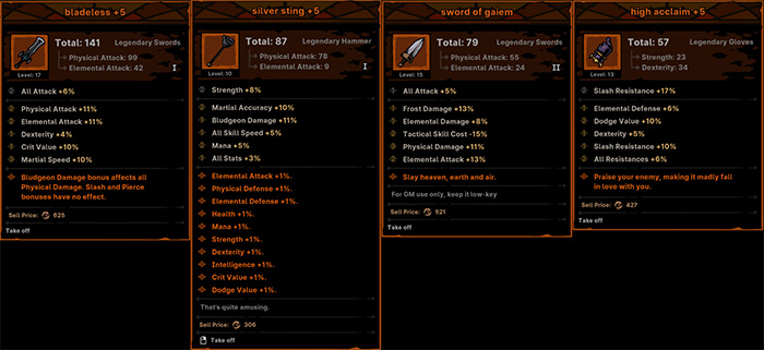 Four +5 weapon equipment stat panels in Path of Idle: 'Bladetless +5' (Legendary Sword), 'Silver Sting +5' (Legendary Hammer), 'Sword of Gaiem +5' (Legendary Sword), and 'High Acclaim +5' (Legendary Gloves). Each item has unique stat boosts such as Attack, Elemental Damage, Skill Speed, etc., along with special flavor text like 'That’s quite amusing.' or 'Praise your enemy, making it muddy fail in love with you.', reflecting the game's humorous tone.