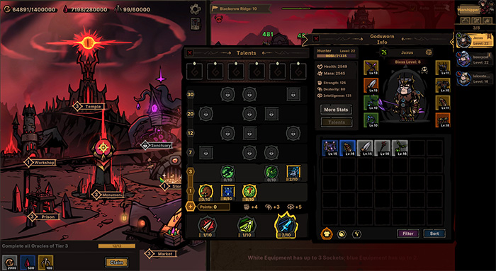 Talent tree interface in Path of Idle, showing a skill grid on the left with various upgradeable nodes, some activated and displaying stat boosts like '+4' or '+5'. On the right is the character info panel, displaying a Hunter at Level 22 with stats such as Health 2648, Mana 2545, Strength 125, and equipped gear. The background features a dark red, hellish map with structures like Temple, Workshop, and Prison.