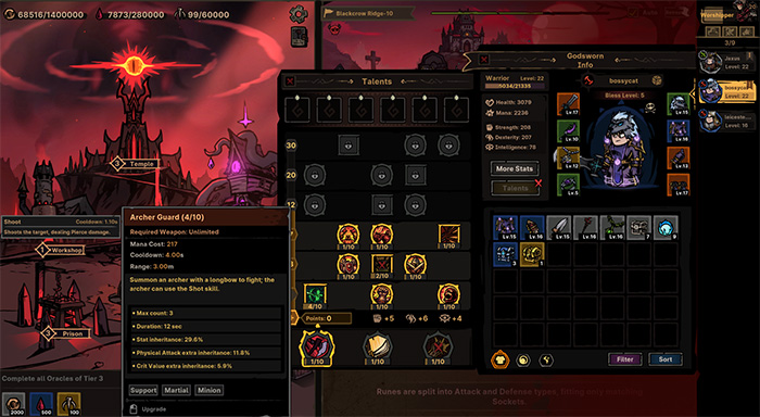 Skill detail pop-up in Path of Idle showing 'Archer Guard (4/10)', which requires a Bow weapon, costs 30 energy, has a 6-second cooldown, and lasts 12 seconds. The description reads: 'Summons a warrior with a shield to fight; the archer can use the Shot skill.' On the right is the talent tree with multiple activated nodes, featuring a Warrior at Level 22 with full gear. The background depicts a demonic castle under a crimson sky.