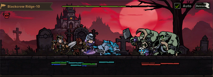 Combat scene in Path of Idle set in 'Blackcrow Ridge-10', featuring a graveyard under a blood-red sunset with crosses and ancient ruins. On the left are player units including a warrior, mage, and pet, along with a summoned warrior and a wolf aiding in the battle; on the right are enemy units such as green skeletons and mechanical monsters. Bottom health bars show team status, with 'Auto' and 'Retreat' buttons in the top-right corner.