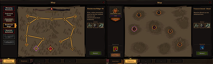 Map interface in Path of Idle, showing the 'Journey' mode on the left with a route map for 'Blackcrow Ridge-10', consisting of interconnected nodes—some unlocked, with a red diamond marking the current objective. On the right is the 'Explore' mode, displaying resource-gathering areas such as Sacred Blood, gold, and Sacred Bones, each marked with icons; the top-right shows available resource counts.
