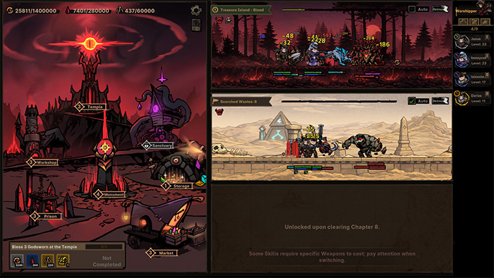 Full-game interface of Path of Idle, showing the world map on the left with structures like Temple, Workshop, and Prison. A quest prompt at the bottom reads 'Bless 3 Godsworn at the Temple'. On the right is an active combat scene in 'Treasure Island - Road', featuring dual-line battles with player units fighting enemies and damage numbers appearing above. The top-right displays hero portraits and levels, while a message below indicates 'Unlocked upon clearing Chapter 8', highlighting the game’s multi-line gameplay system.