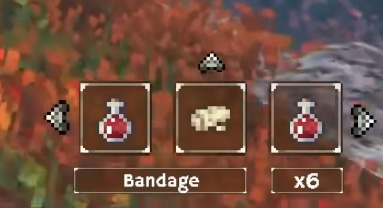 In game inventory quickbar displaying three items: a potion, a bandage, and another potion with a quantity of x6. Navigation arrows on either side indicate more items are available.