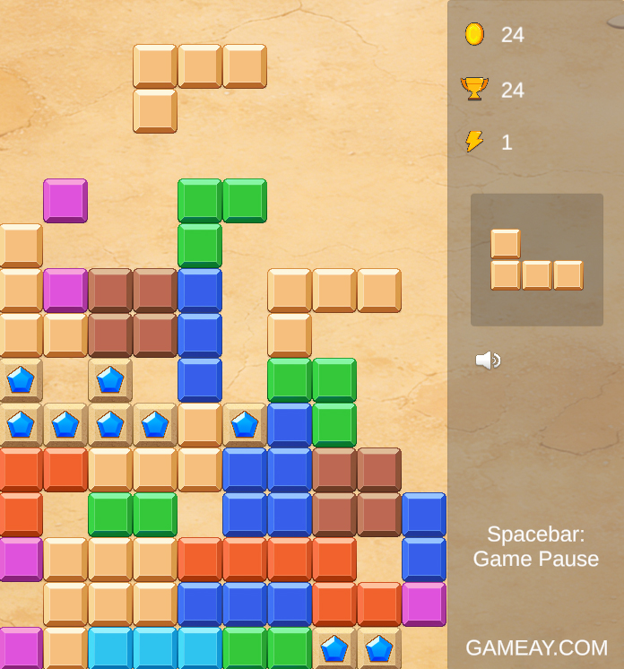 A colorful block puzzle game in progress, featuring falling geometric pieces on a grid. Players rotate and move shapes to complete full lines, which disappear to earn points. The interface shows score, level, and next piece preview.