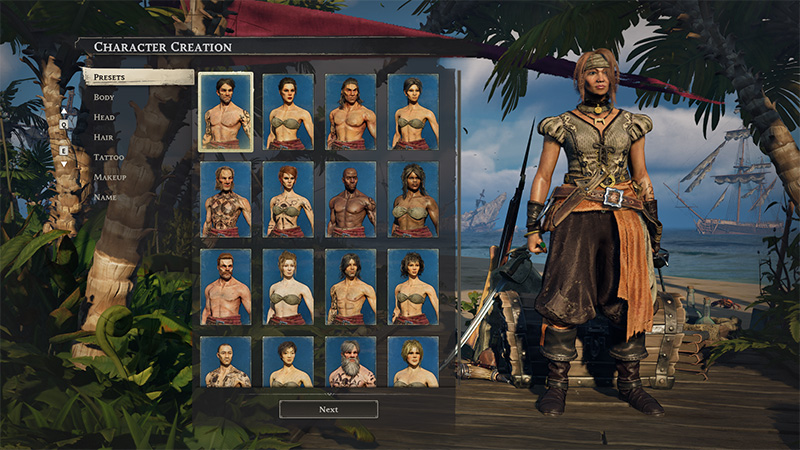 Character creation screen in Windrose, showing a preset selection panel on the left with various gender, body type, hairstyle, and tattoo options. On the right, a fully equipped character in leather armor and pants holds a spear, with a beach and ocean visible in the background.