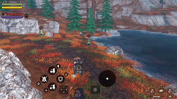 Third person gameplay view showing a character in a forested area near a lake, facing multiple enemies. The HUD displays health, stamina, and action buttons for combat, including attack, block, and special abilities. A directional pad and quick item bar are visible at the bottom.