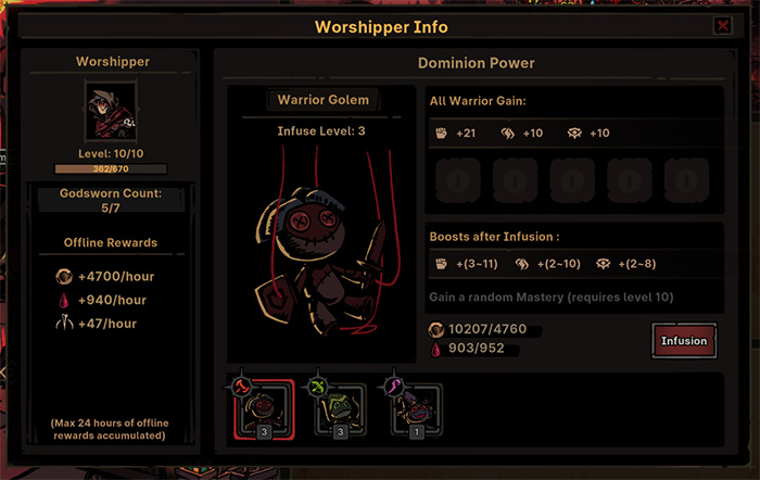 Worshipper Info screen in Path of Idle, showing details for a 'Warrior Golem' worshipper at level 10/10 with 5 out of 7 Godsworn. The panel displays offline rewards (+4700 gold, +940 XP, +47 resources per hour), dominion bonuses, and an 'Infusion' feature. Three different infusion options appear at the bottom. The interface follows a consistent dark-themed UI design.