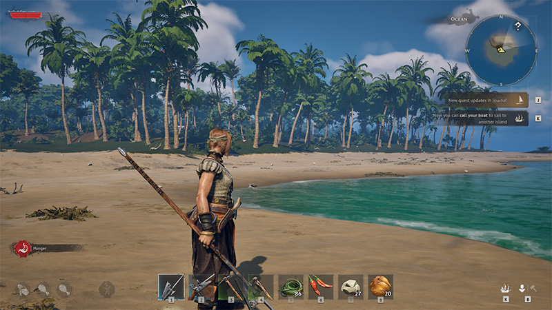 In-game scene from Windrose showing a character standing on a sandy beach facing turquoise water and palm trees. The bottom-left displays hunger status and inventory, while the top-right shows a mini-map. The environment is sunny and peaceful, evoking a sense of exploration.