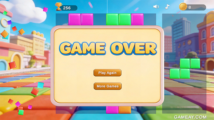 Game Over screen for Block Puzzle puzzle game. Displays “GAME OVER” message with “Play Again” and “More Games” buttons. Score remains at 256, coin count is 8. Floating blocks and confetti decorate the cheerful urban background.