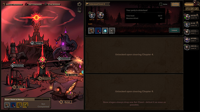 World map interface in Path of Idle, showing a dark fantasy landscape under a red sky with locations marked as 'Temple', 'Monument', and 'Storage'. The right panel displays chapter unlock conditions, such as 'Unlocked upon clearing Chapter 4' and 'Chapter 8'. Top bar shows player resources: gold, experience, and health.