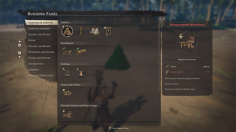 Building panel in Windrose, showing categories such as "Workbench" and "Weaponsmith Workshop" on the left. The right side details the "Weaponsmith Workshop," listing required resources (wood, copper ingot) and its function. The background is a blurred forest environment.