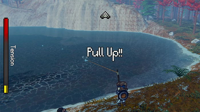 Fishing minigame screen with a tension meter on the left labeled "Tension," showing a yellow indicator near the bottom. A fishing rod is extended into the water, and the text "Pull Up!!" appears in large pixelated font above the water surface.