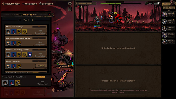 The 'Monument' quest panel in the game, listing objectives such as 'Store 1 item in Storage' and 'Buy 1 Rare Item from Market', all currently marked as 'Not Completed'. The right side shows a combat preview with characters fighting enemies. The background depicts a burning forest under a crimson sky, creating a tense and ominous atmosphere.