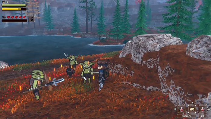 Combat scene in a vibrant autumn landscape with red and orange foliage. Multiple characters engage in melee combat near a lake, with weapons drawn and glowing effects indicating attacks. The player’s HUD shows health, stamina, and quick items at the bottom right.