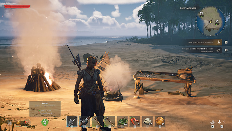 Building panel in Windrose, showing categories such as "Workbench" and "Weaponsmith Workshop" on the left. The right side details the "Weaponsmith Workshop," listing required resources (wood, copper ingot) and its function. The background is a blurred forest environment.