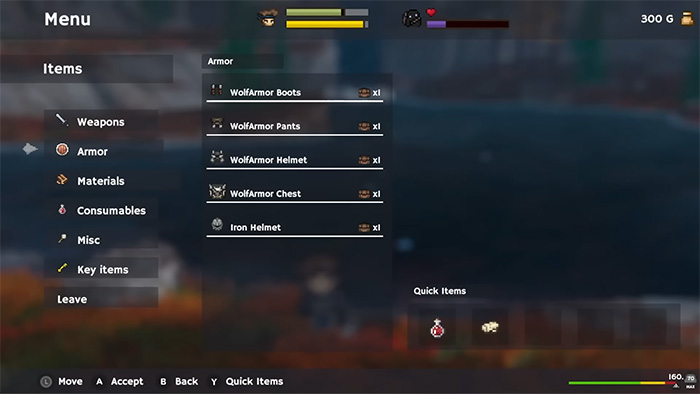 Game inventory menu with a category list on the left (Weapons, Armor, Materials, Consumables, Misc, Key Items) and an item list on the right showing equipped armor such as "WolfArmor Boots," "Pants," "Helmet," and "Chest." A Quick Items bar is visible at the bottom-right corner. Controller input prompts are displayed at the bottom.