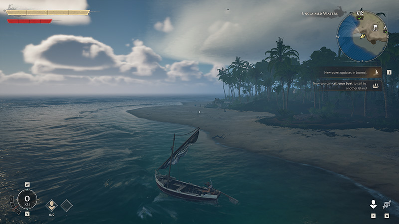 Seascape view from Windrose showing a single-masted sailing boat approaching a sandy shore lined with palm trees. The sky is clear with soft clouds. The top-right displays a mini-map labeled "Unclaimed Waters," and the bottom-left shows ship control UI with directional and speed indicators.