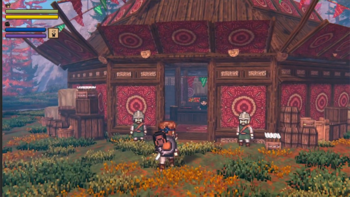 A pixel art trading post with a wooden structure, red patterned banners, and two guards standing at the entrance. The player character stands in front of the building in a vibrant field of colorful flowers. The HUD shows health, stamina, and a pet icon.