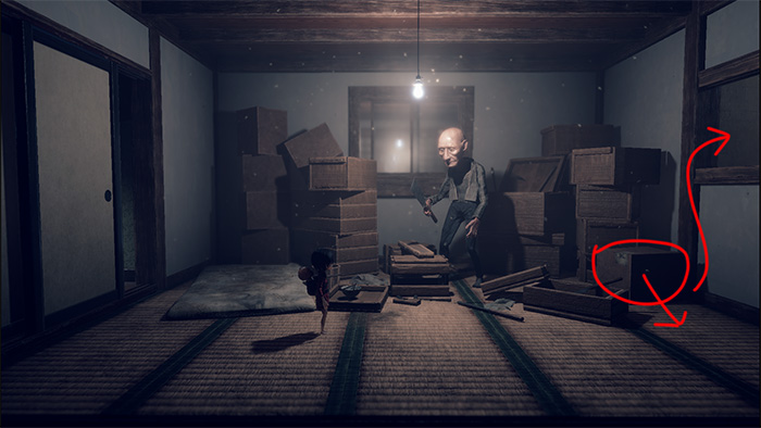 In a cluttered traditional Japanese room, a bald, elderly man with a knife sits among stacked boxes, staring at the player character. A red circle and curved arrow highlight a path around the room, suggesting a way to avoid confrontation. The atmosphere is oppressive and suspenseful.