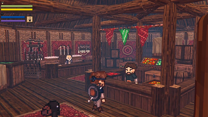 Interior of the trading post with wooden beams, decorative flags, and multiple NPCs behind counters. Shelves display weapons, tools, and goods. The player character walks inside, approaching a merchant at the counter.