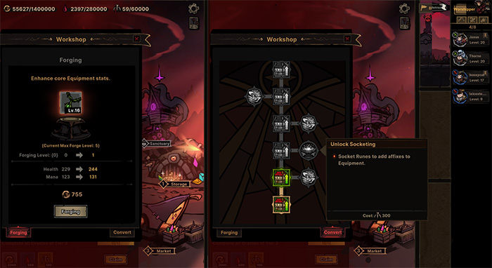 Workshop interface in Path of Idle, showing the 'Forging' feature on the left, which enhances core equipment stats. A Level 10 weapon is being upgraded, increasing Health from 229 to 244 and Mana from 153 to 131, costing 755 resources. On the right, a skill tree-style upgrade system displays the 'Unlock Sockets' option, allowing affixes to be added to gear, with a cost of 300 gold. The background features a dark red, hellish-themed environment.