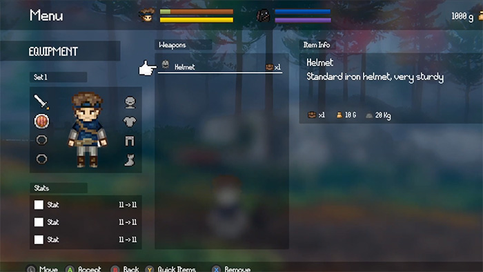 Equipment menu showing a character model with slots for weapons, armor, and accessories. The "Helmet" slot is selected, displaying item info: "Standard iron helmet, very sturdy." Stats show no changes (II → II). Controller prompts are visible at the bottom.