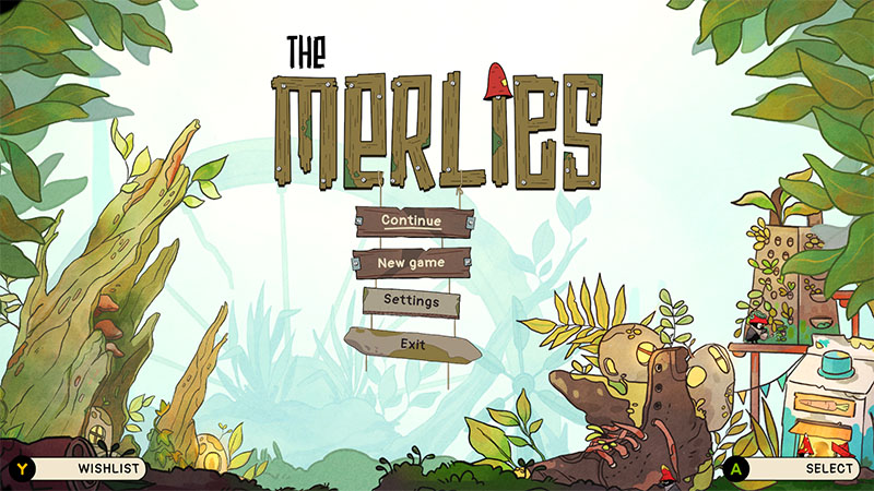 The Merlies title screen: handcrafted wooden letters with a red mushroom cap on the 'I', surrounded by lush green foliage and whimsical bird-made structures. Menu options—Continue, New Game, Settings, Exit—hang from strings like rustic signs. A small bird character sits atop a boot-shaped home on the right; a "WISHLIST" button is in the bottom-left corner.