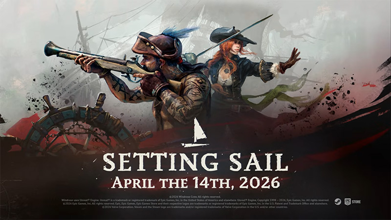 Windrose promotional art: two pirates aiming muskets on a stormy ship deck, "Setting Sail – April 14, 2026"